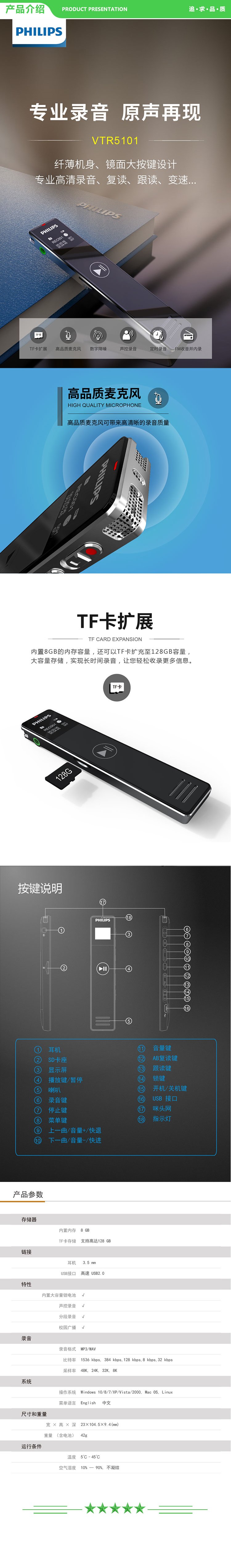 飞利浦 PHILIPS VTR5101 录音笔 8G  商务会议 学习记录 校园广播 复读 跟读 变速 蓝色 .jpg