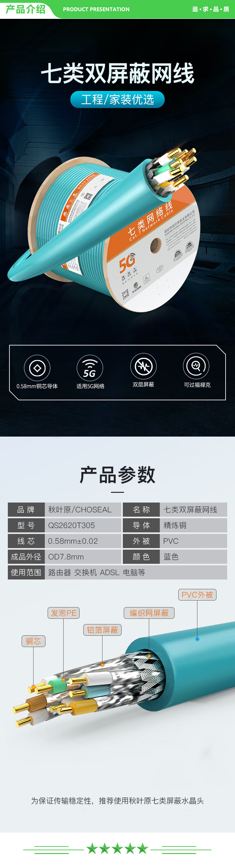 秋叶原 CHOSEAL QS2620T305 七类双屏蔽网线【商用版】CAT7类 支持万兆工程家装布线网络箱线 水蓝色 305米 2.jpg