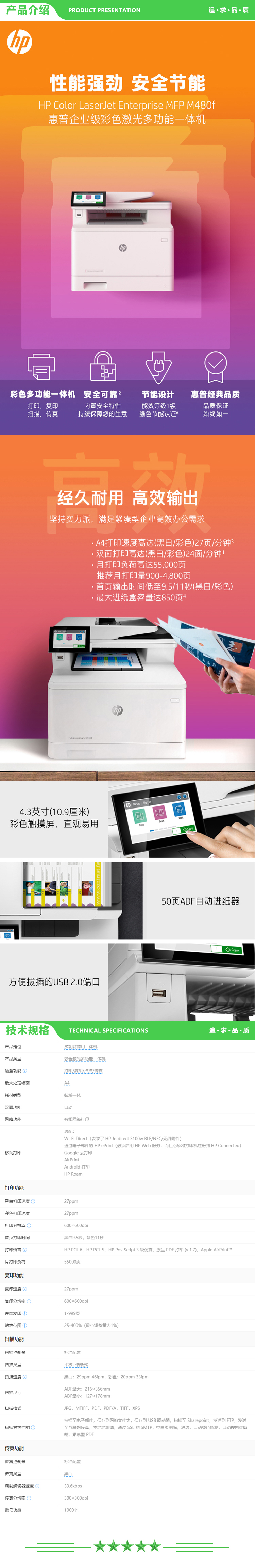 惠普 HP Color LaserJet Enterprise MFP M480f  A4彩色多功能一体机 27页（复印+打印+扫描+传真+输稿器） 2.jpg