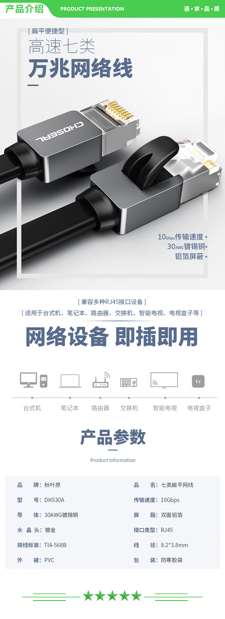 秋叶原 CHOSEAL DH530AT12 七类万兆网线高速网络跳线CAT7电脑网络成品线网络连接线黑色12米 2.jpg