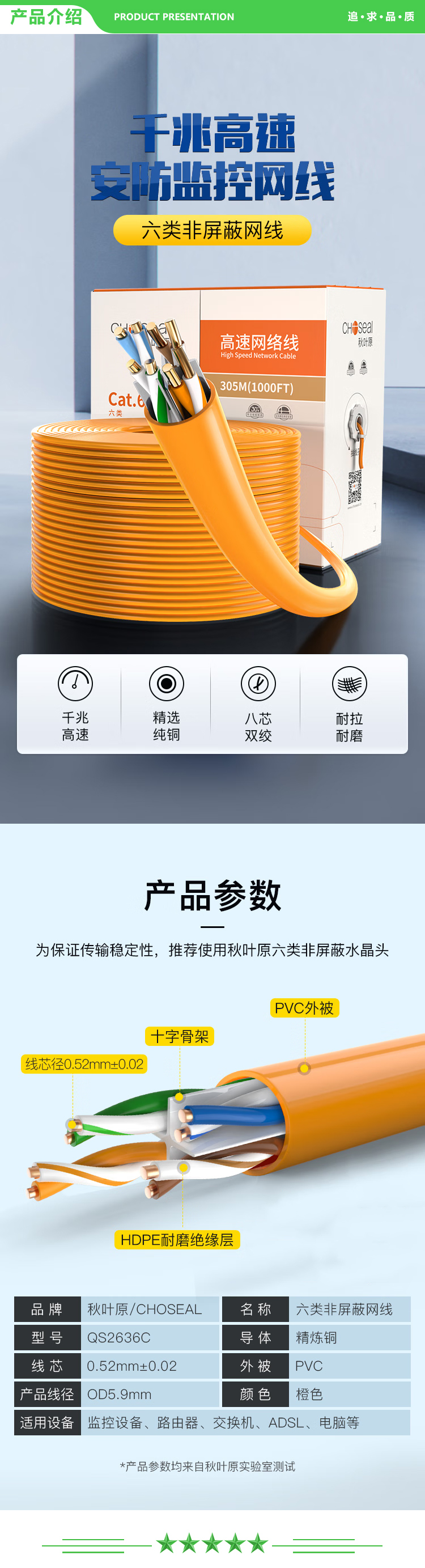 秋叶原 CHOSEAL QS2636CT305 六类千兆网线 CAT6类纯铜线芯 非屏蔽工程家装装修视频安防监控箱线 橙色 305米 2.jpg