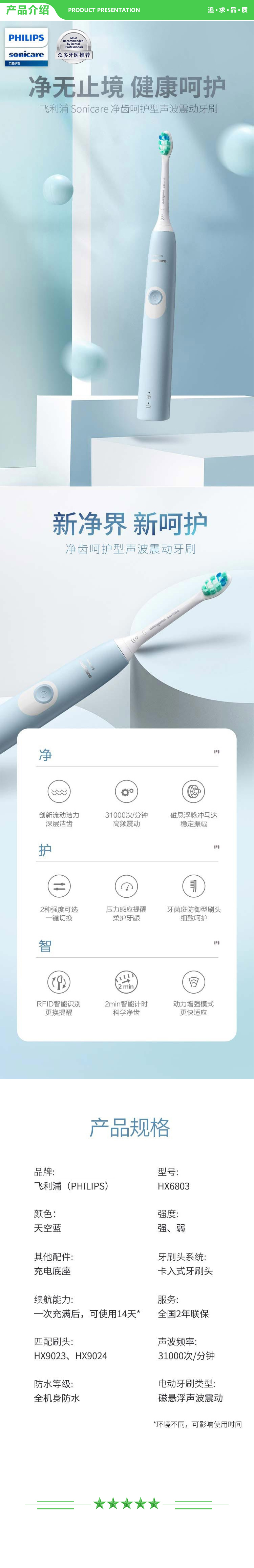 飞利浦 PHILIPS HX6803 02 电动牙刷 净齿呵护型 成人声波震动牙刷 2种洁齿强度可选 力度感应 浅蓝色 .jpg