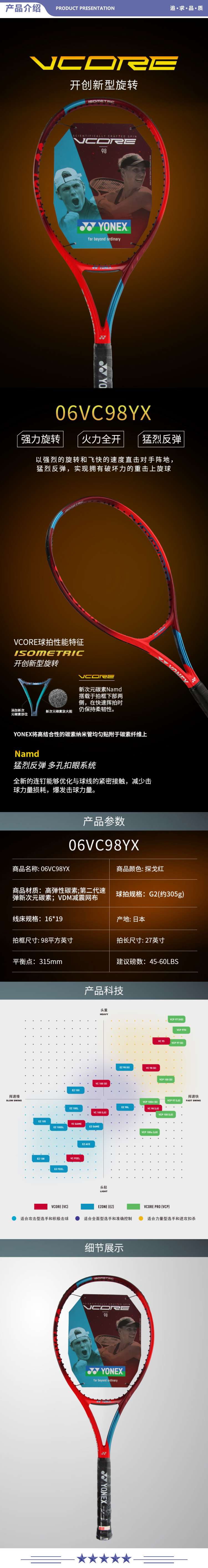 尤尼克斯 VC98YX 网球拍高弹性碳素专业比赛6代VCORE旋转探戈红305g附网球网线头带 2.jpg