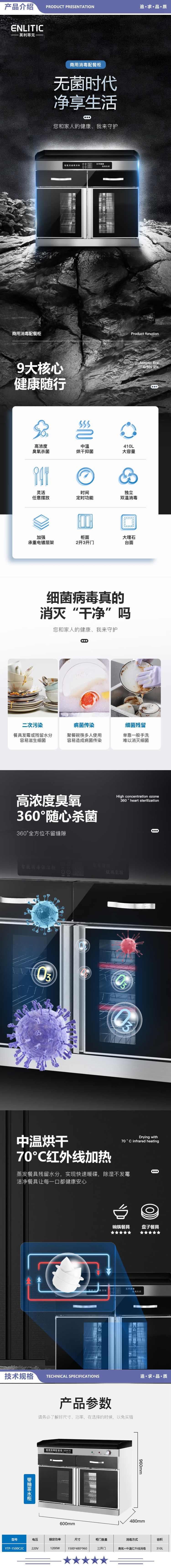 英利蒂克 Enlitic YTP-1500C2C 消毒柜商用 立式厨房餐具碗筷柜餐厅饭店配餐柜 臭氧中温红外线保洁柜 2.jpg