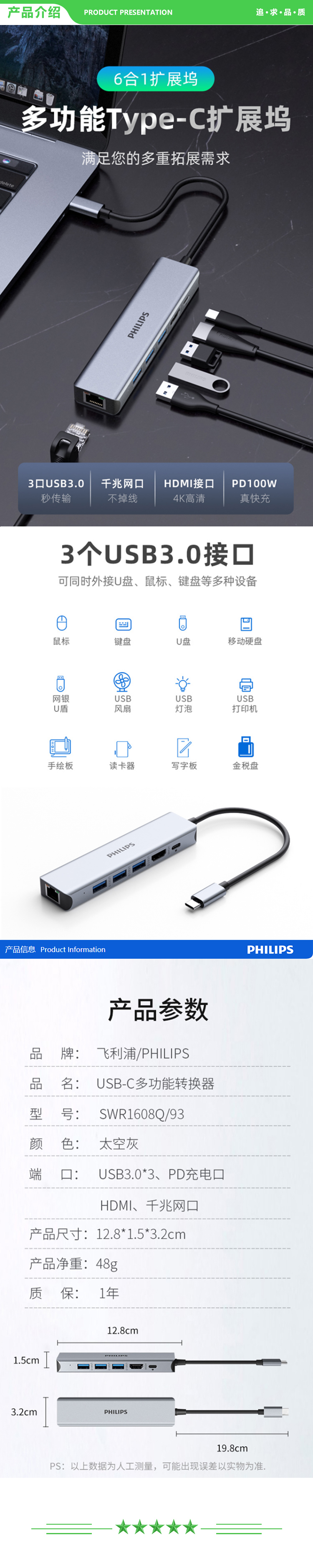 飞利浦 PHILIPS SWR1608Q Type-C扩展坞网线口USB-C转HDMI转接头usb3.0 拓展坞4K投屏 6合1 .jpg