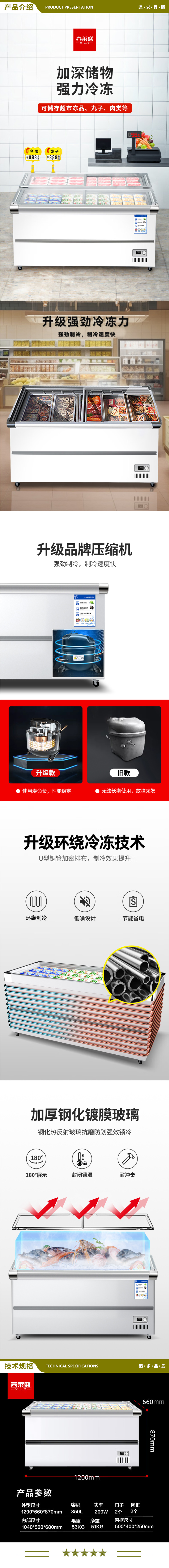 喜莱盛 XLS-12STD 商用展示柜冷藏深岛柜 冰柜商用大容量卧式展示柜透明玻璃冷冻烧烤海鲜店  2.jpg