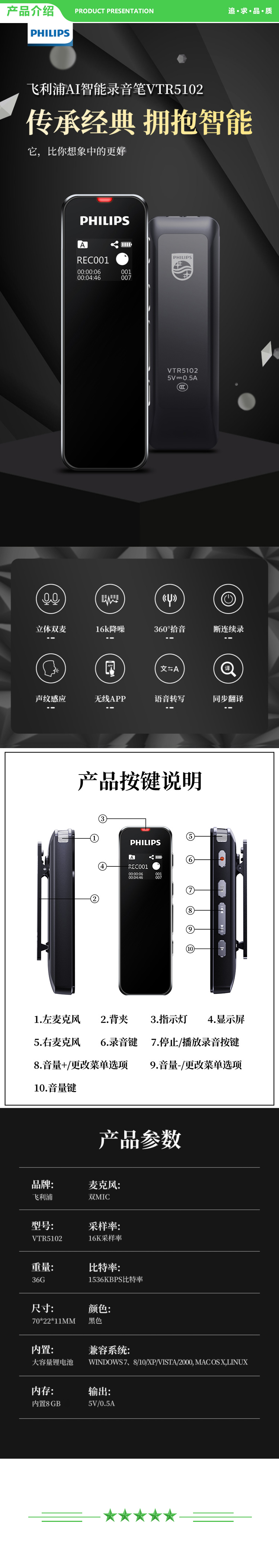 飞利浦 PHILIPS VTR5102 会议录音笔 8G 语音转文本 智能APP 声纹感应 录写同步 .jpg