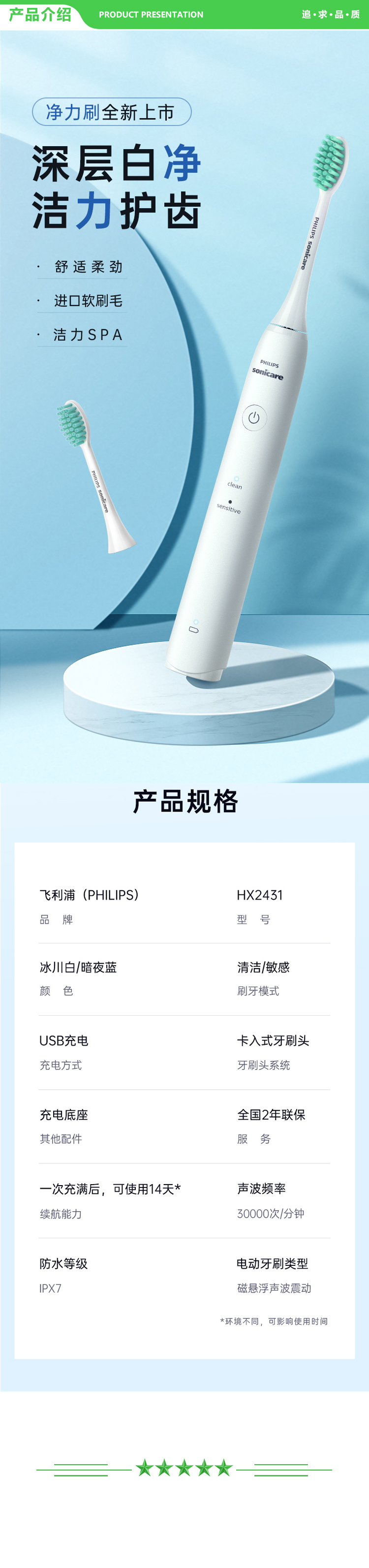 飞利浦 PHILIPS HX2431 06  电动牙刷 成人声波震动牙刷 净力刷 2种模式 温和清洁 深蓝色 .jpg