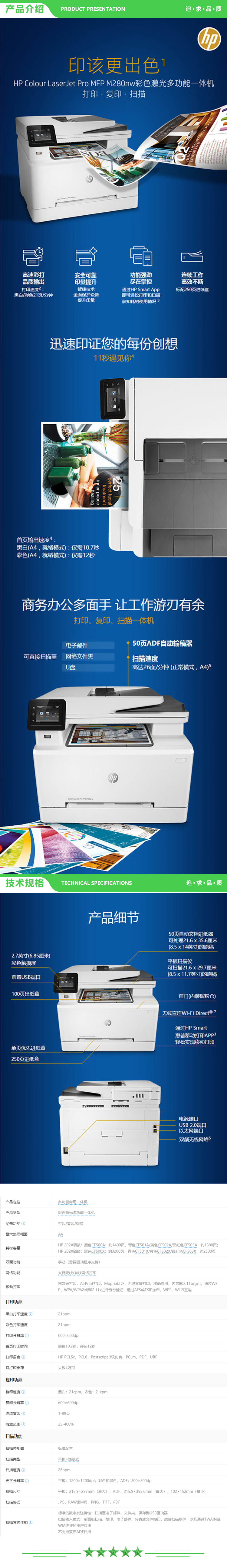 惠普 HP  Colour LaserJet Pro M280nw A4彩色多功能一体机 21页（复印+打印+扫描+输稿器） 2.jpg