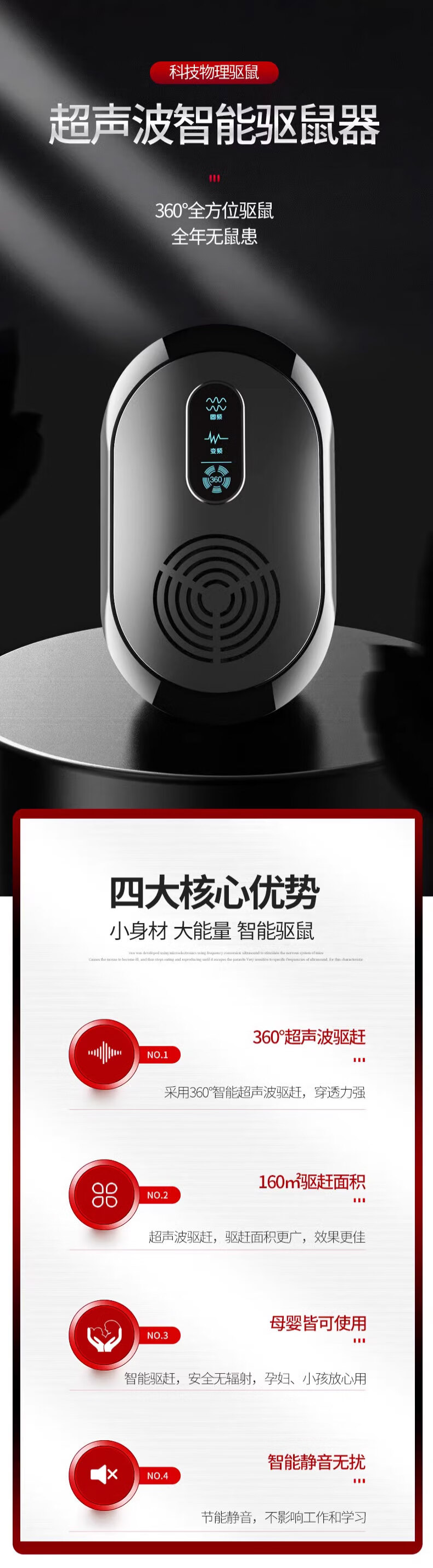 巨联 驱鼠灭鼠捕鼠神器家用老鼠超声波驱赶捕捉抓灭扑防全自动电子鼠1 160㎡ 黑色 2.png