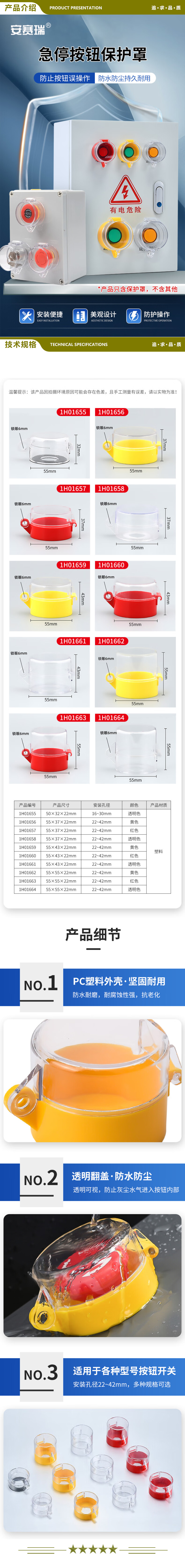 安赛瑞 1H01664 急停按钮保护罩 按钮标识急停开关防护罩55x55x22mm 全透明 2.jpg