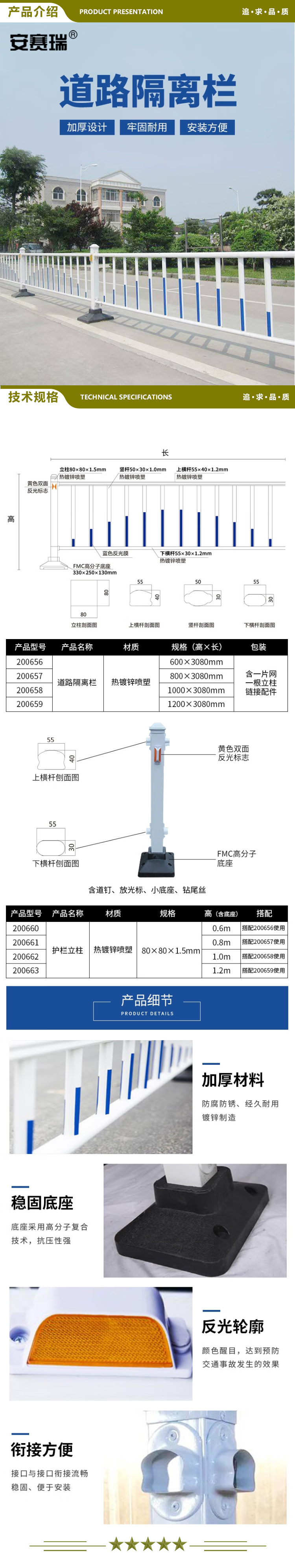 安赛瑞 200659 道路隔离护栏 加厚公路交通市政栏杆 公共设施防撞锌钢围栏 高1.2宽3.08m+1根立柱 2.jpg