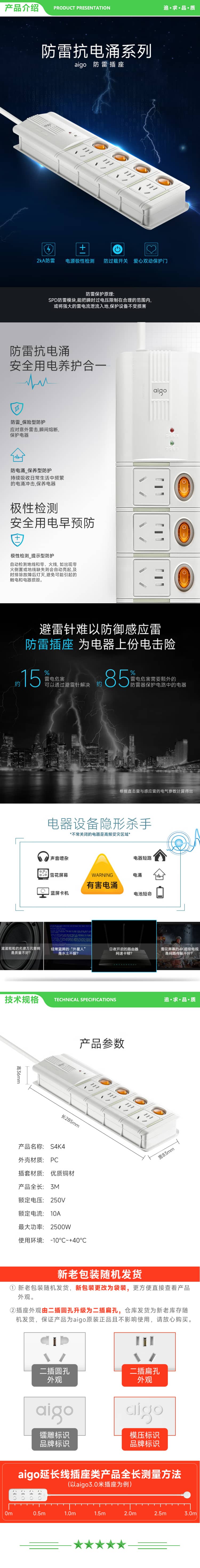 爱国者 S4K4 防雷插座 插线板 插排 抗电涌防过载防雷模块极性检测 4位分控全长3米 2.jpg