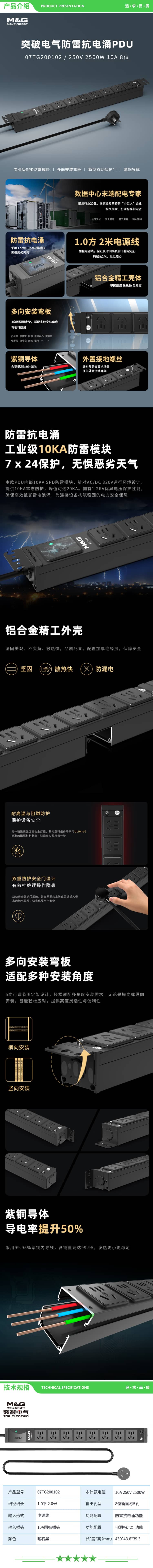 突破电气 07TG200102 PDU机柜插座 插排 插线板 接线板 拖线板 8位2米线 防雷抗电涌 电源灯 2.jpg