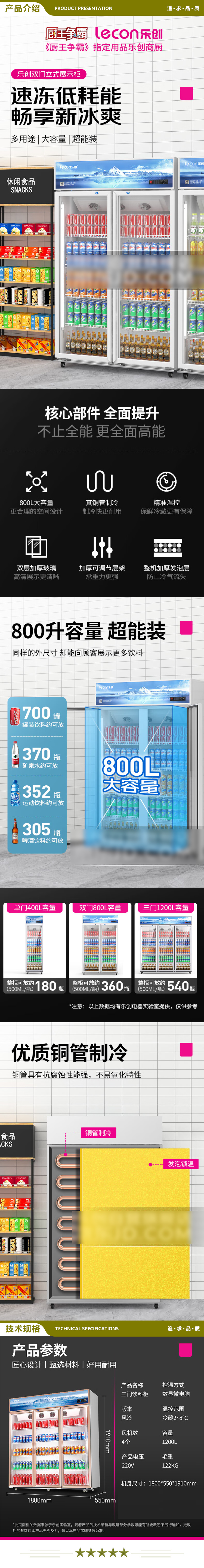 乐创(lecon) LC-ZSG03 三门展示柜冷藏保鲜柜便利店饮料柜超市立式冰柜啤酒柜 1200升大容量风冷   2.jpg