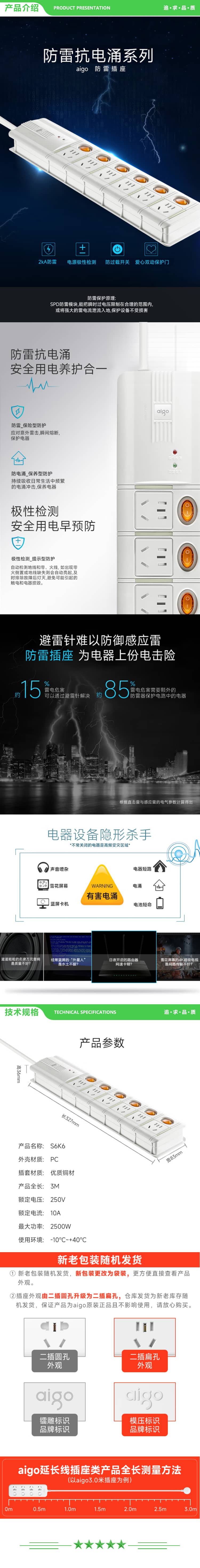 爱国者 S6K6 防雷插座 插线板 插排 抗电涌防过载防雷模块极性检测 6位分控 全长3米 2.jpg
