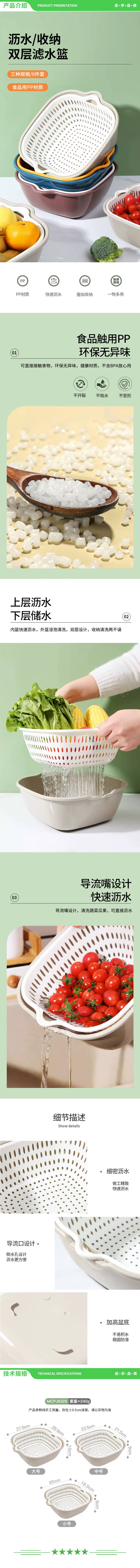 美厨 maxcook MCPJ8329 洗菜篮沥水篮 盆筛洗水果篮塑料滤水淘米篮 灰白6件套 2.jpg