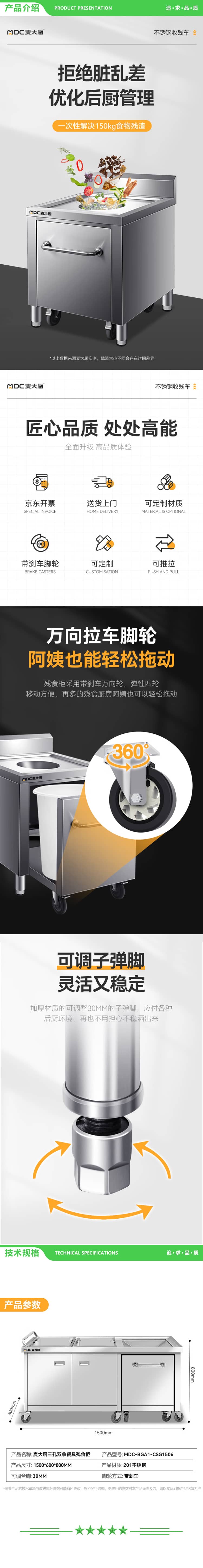 麦大厨 MDC-BGA1-CSG1506 三孔双收餐具残食柜 1.0厚201不锈钢（含车） 2.jpg