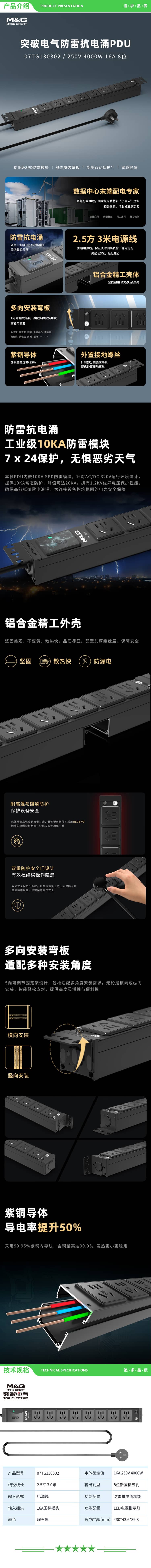 突破电气 07TG130302 16A大功率 防雷PDU机柜插座 插排 插线板 桌面拖线板 8位3米线 2.jpg