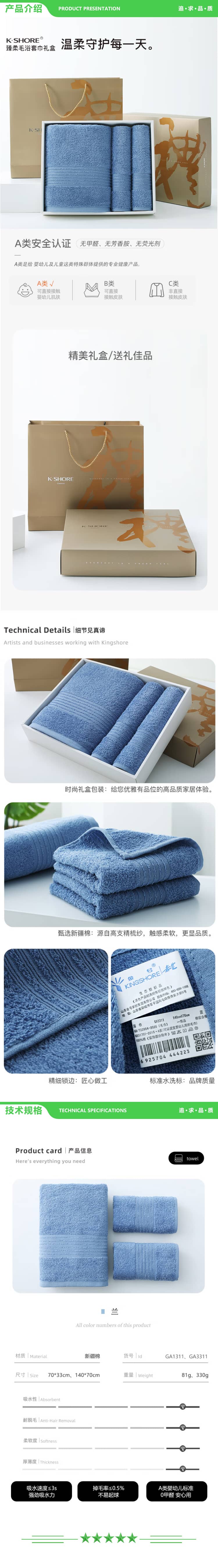 金号 KINGSHORE GA1311 GA3311 毛巾家纺 A类新疆棉纯棉毛巾浴巾礼盒套装三件套 含手提袋 素兰色 2.jpg