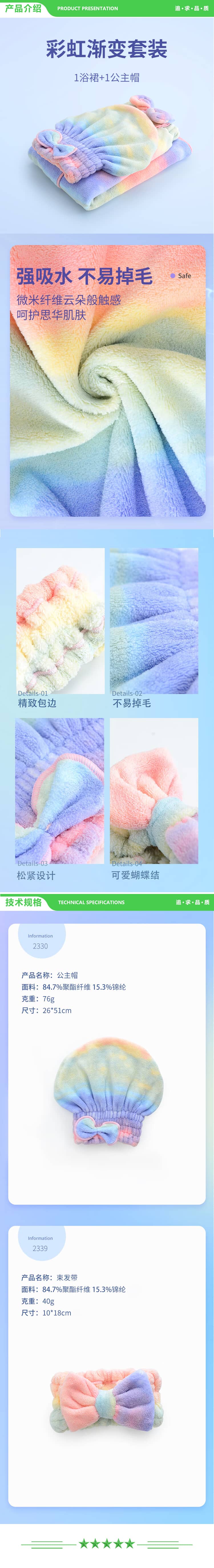 洁丽雅 Grace 彩虹色束发带干发帽两件套 干发帽可爱韩版吸水柔软加厚便携式擦头发包头速干 2.jpg