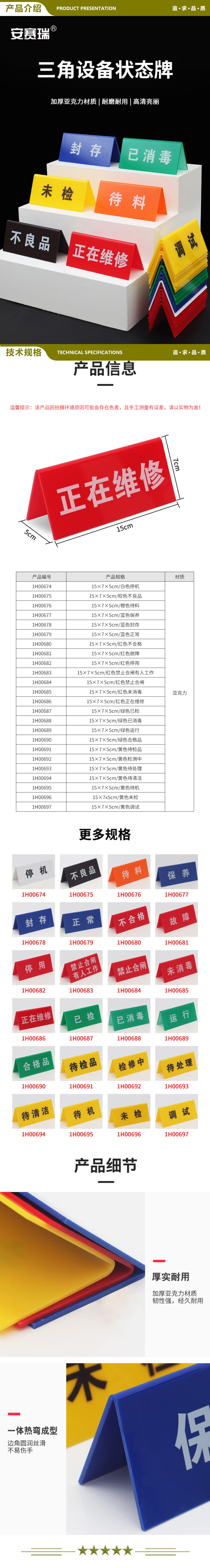安赛瑞 1H00679 三角设备状态牌 车间工厂区域标识牌 设备状态牌 蓝色正常 2.jpg