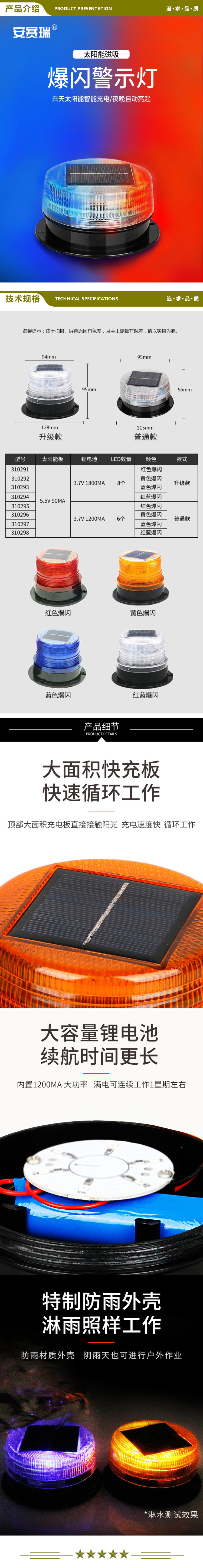 安赛瑞 310298 太阳能磁吸爆闪警示灯 夜间警示闪光灯 工程警示灯 车用太阳能警示灯 红蓝爆闪  2.jpg