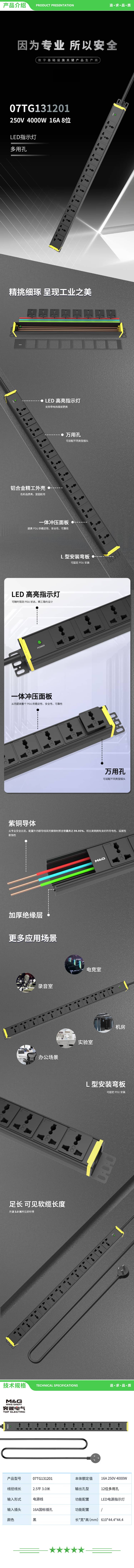 突破电气 07TG131201 16A PDU机柜插座 插排 插线板 接线板 12位万用孔3米线 高亮电源灯 右装 2.jpg